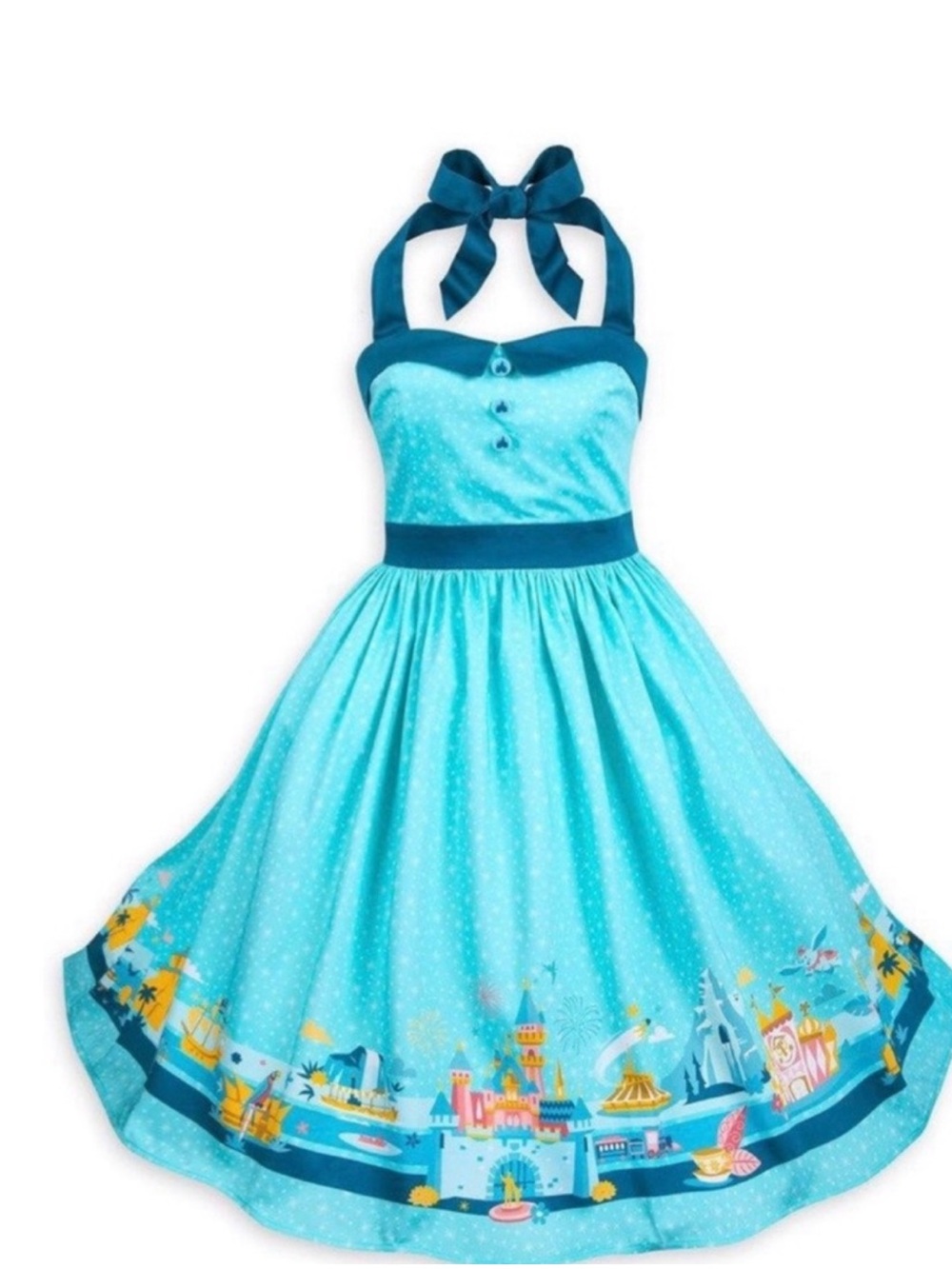 🏰 Disney parks aqua Halter Dress with vintage display of Disney rides sz xs